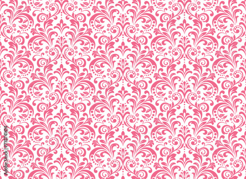 Floral pattern. Vintage wallpaper in the Baroque style. Seamless vector background. White and pink ornament for fabric, wallpaper, packaging. Ornate Damask flower ornament