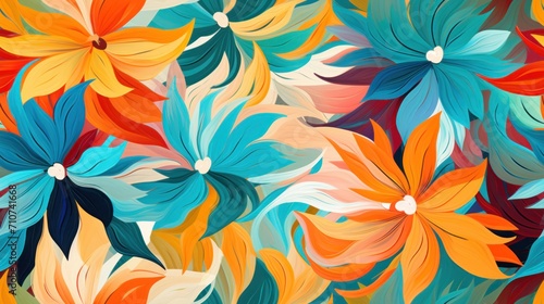  a bunch of colorful flowers that are on a white background with red, yellow, blue, and green leaves.