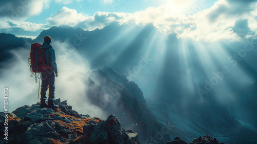 Adventure Awaits: A backpacker silhouetted against a breathtaking mountain panorama, with sunlight piercing through the clouds. 