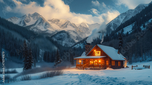 Cozy Cabin Retreat: A rustic cabin nestled amidst snow-capped mountains, smoke curling from its chimney and warm light spilling from its windows, inviting you in from the cold. 