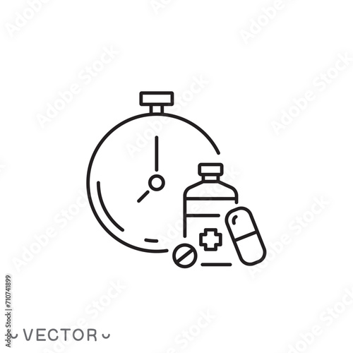 medication icon dose taking time, dosage medication use, clock pill treatment, indigestion tablet reminder, thin line symbol isolated on white background, editable stroke eps 10 vector