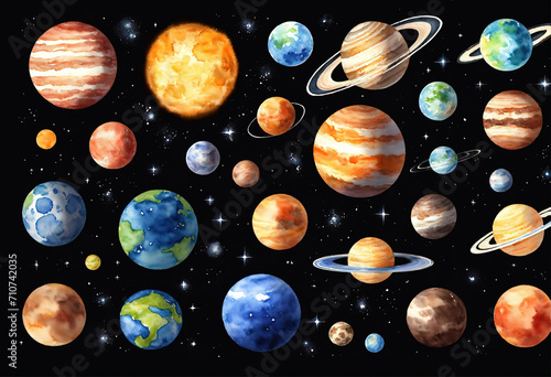 Set of solar system planets isolated on black background