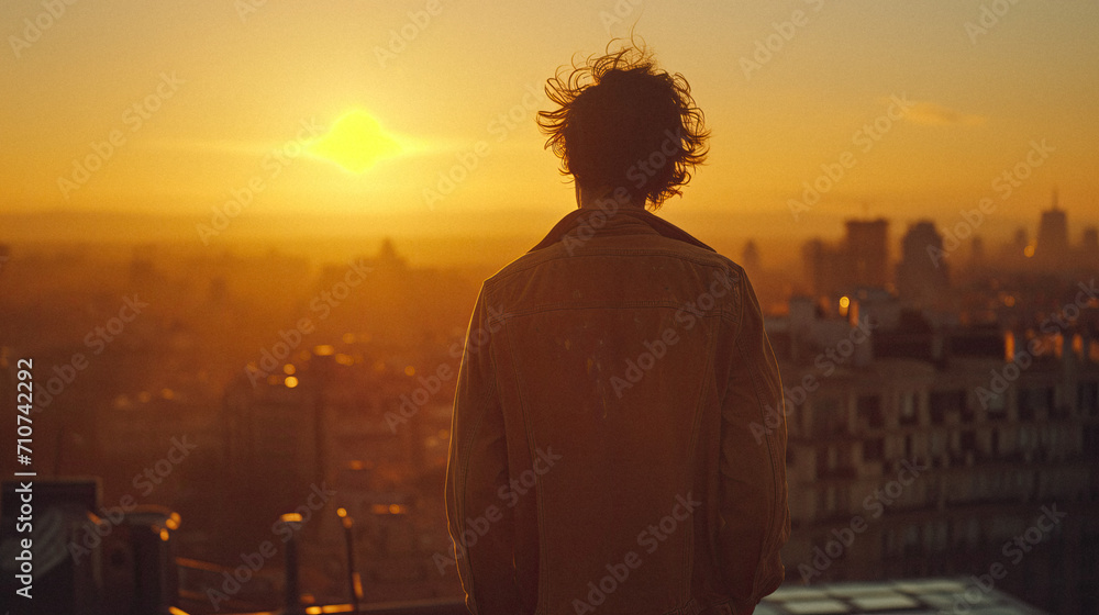 Rooftop Revelation: A young artist lost in inspiration, paintbrush in hand and eyes scanning the cityscape from a rooftop studio, bathed in the golden glow of sunset. 