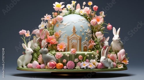  a cake decorated with flowers, rabbits, and a church on top of a green platter on a gray background.