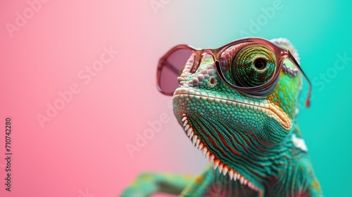  A stylish chameleon sporting sunglasses against a vibrant solid background. photo