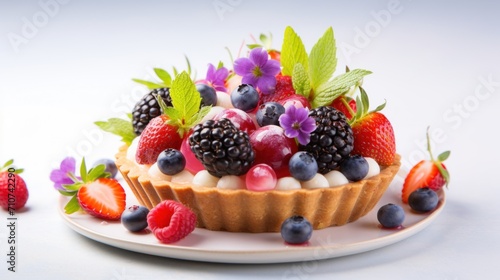  a fruit tart with berries  raspberries  blueberries  and raspberries on a plate.