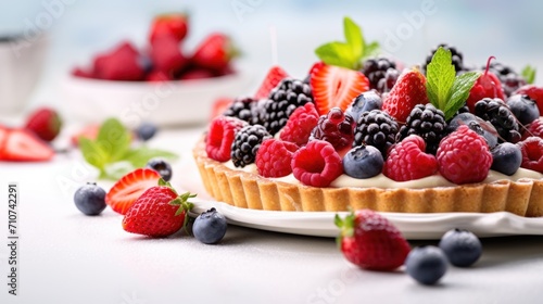  a fruit tart with berries, raspberries, blueberries, and mint leaves on a white plate.