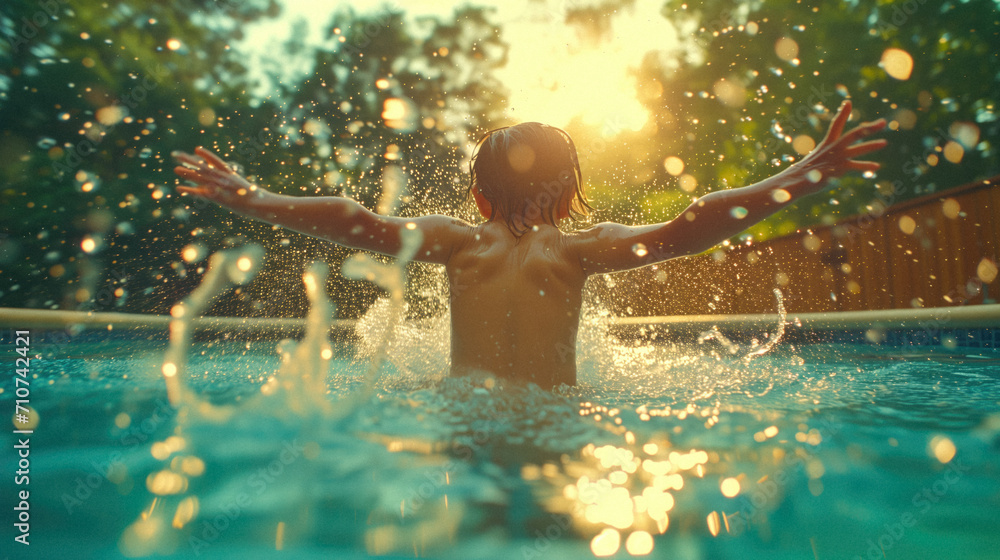 Summer Splash: A child leaping joyfully into a backyard pool, droplets sparkling in the sunlight and creating a vibrant rainbow against the lush green backdrop. 