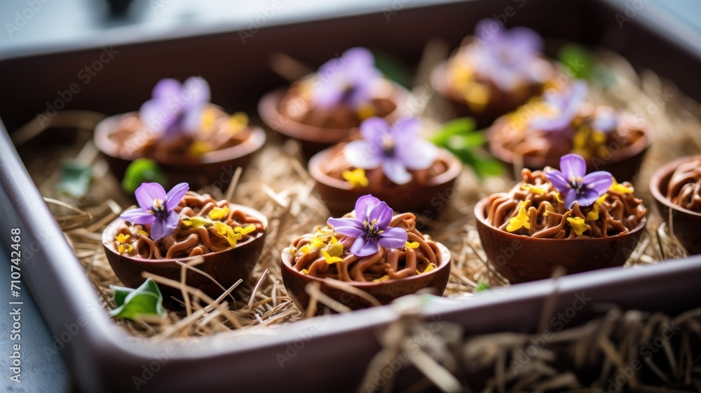  a tray filled with chocolate cupcakes with purple flowers on top of each of the chocolate cupcakes.