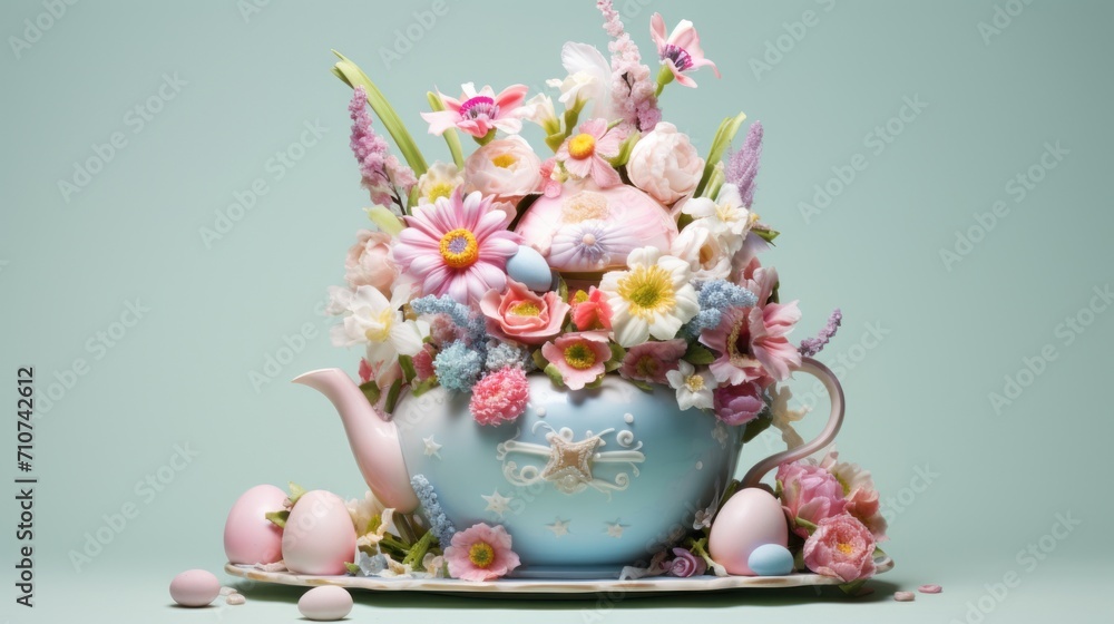  a blue teapot filled with lots of flowers and a tea pot with a tea pot on top of it.