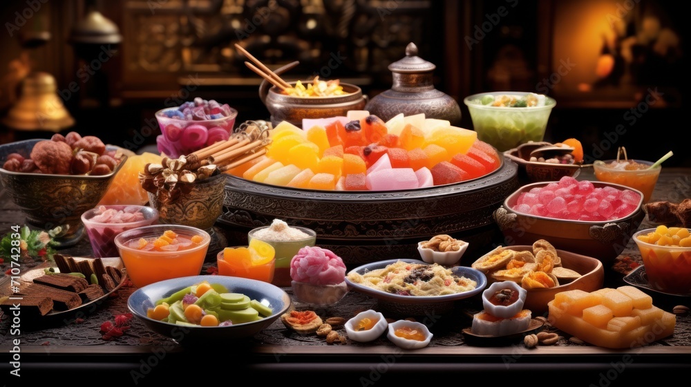  a table filled with lots of different types of food on top of a wooden table next to a vase with a candle on top of it.