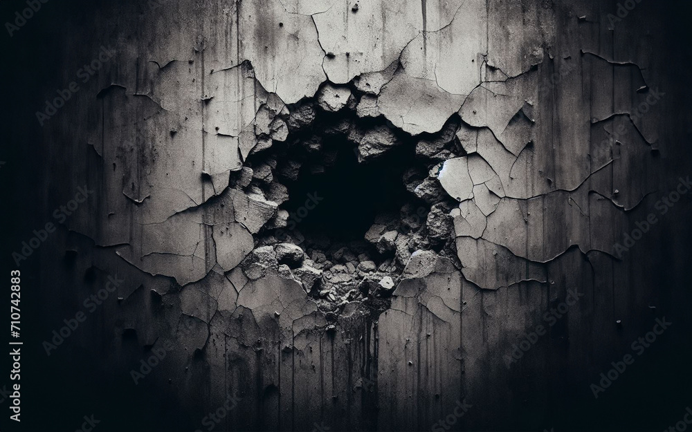 A hole was drilled into the cement wall. Exploding a circular hole in the wall Perforated cement floor - obrazy, fototapety, plakaty 