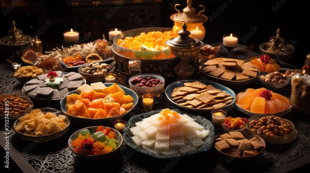  a table topped with lots of different types of food next to candles and plates of food on top of a table.