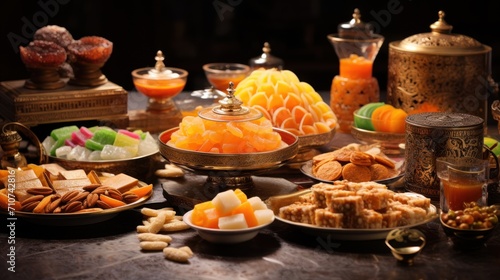  a table topped with plates of food and containers of oranges, nuts, and other foods on top of a wooden table.