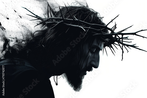 silhouette of jesus christ suffering at the cross and wearing the crown of thorns