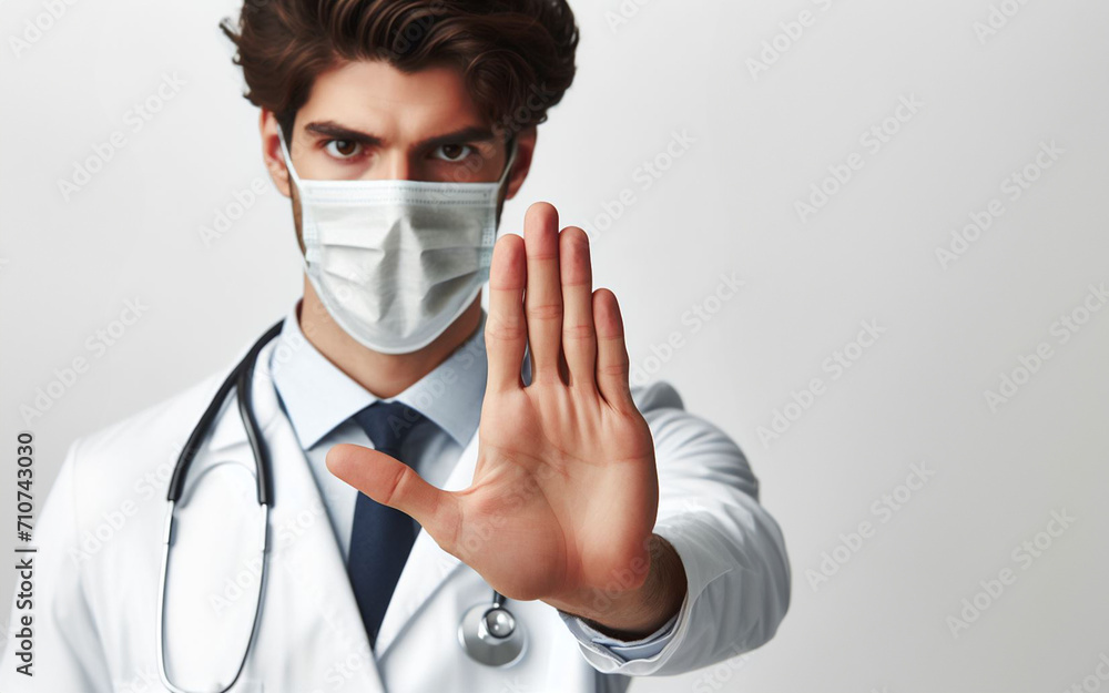 The male doctor gestures with his hand raised to stop him. Shows signs of refusal or stopping. White background. The male doctor gestures with his hand raised to stop him. Shows signs of refusal or stopping. White background.