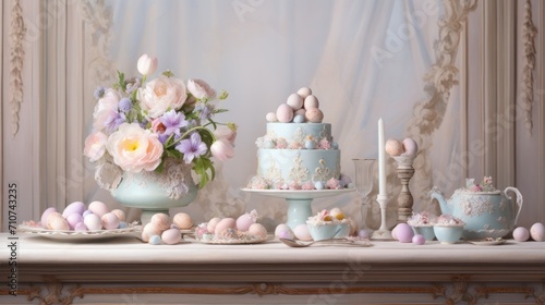  a table topped with a cake covered in frosting next to a vase filled with flowers and eggs on top of a table.