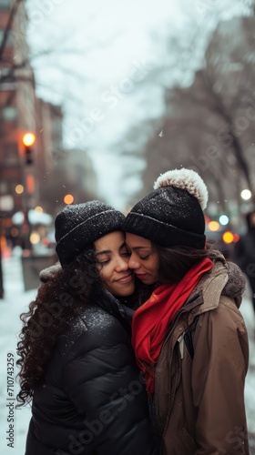 lesbian couple showing affection and love at street in a winter day