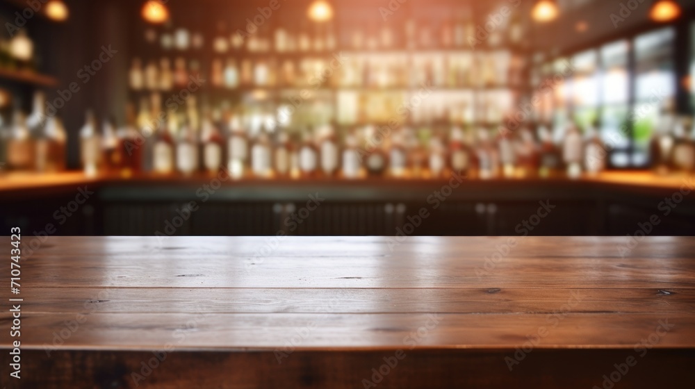  a wooden table top in front of a blurry bar with bottles of alcohol on the wall in the background.