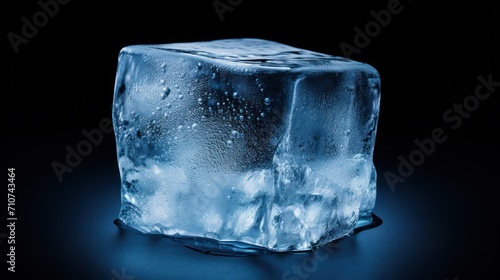  an ice cube on a black background with water droplets on the ice and on top of the cube is water droplets on the ice.