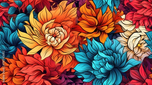  a bunch of colorful flowers that are in the middle of a flowery pattern on a blue, red, orange, and yellow background.