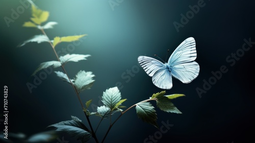  a blue and white butterfly sitting on top of a green leafy plant in front of a blue and black background.