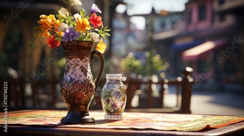  a vase filled with colorful flowers sitting on top of a table next to a vase filled with flowers on top of a table.