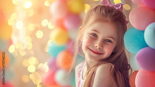 Radiant girl with a vibrant Easter egg backdrop, creating a picture-perfect moment