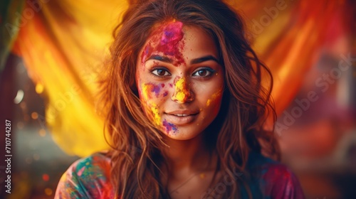 A young woman in explosion of colorful powder. 
