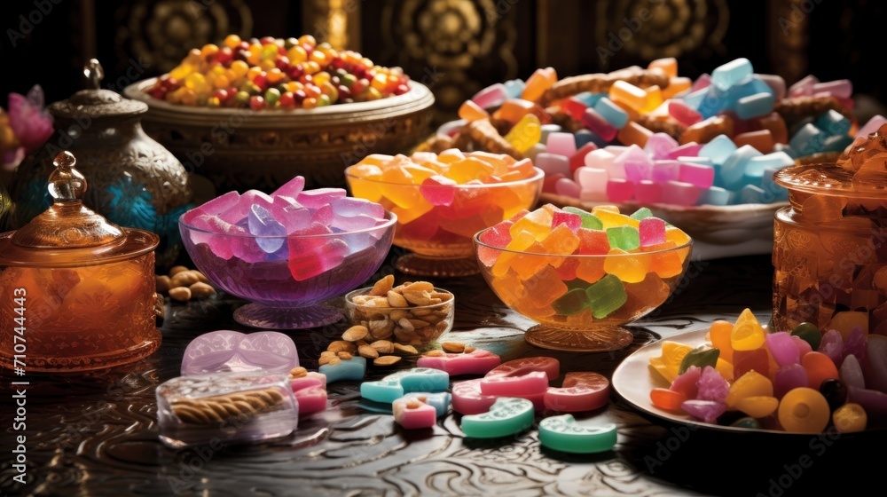  a table topped with lots of different types of candies next to a bowl of cookies and a jar of jelly beans.