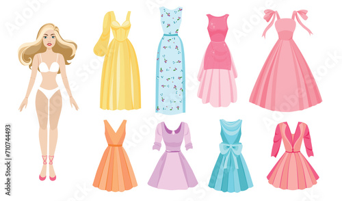 Fashion doll set with different colorful dresses 
