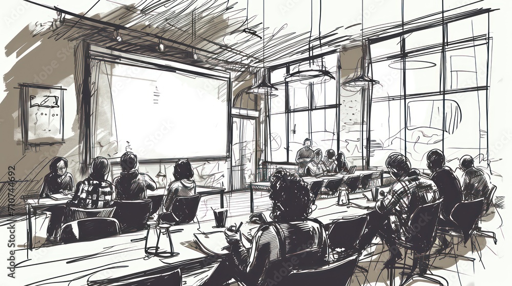  A vector-style sketch drawing capturing the essence of group training and workshops, showcasing individuals engaged in interactive learning and collaboration within a dynamic environment.