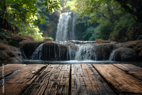 Fototapeta Naklejka Na Ścianę i Meble -  Empty Table with Waterfall Blur in the Background