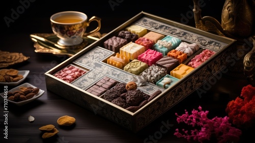 a box of assorted cookies next to a cup of tea and a plate of cookies on a wooden table. © Anna