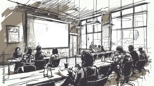  A vector-style sketch drawing capturing the essence of group training and workshops, showcasing individuals engaged in interactive learning and collaboration within a dynamic environment. photo
