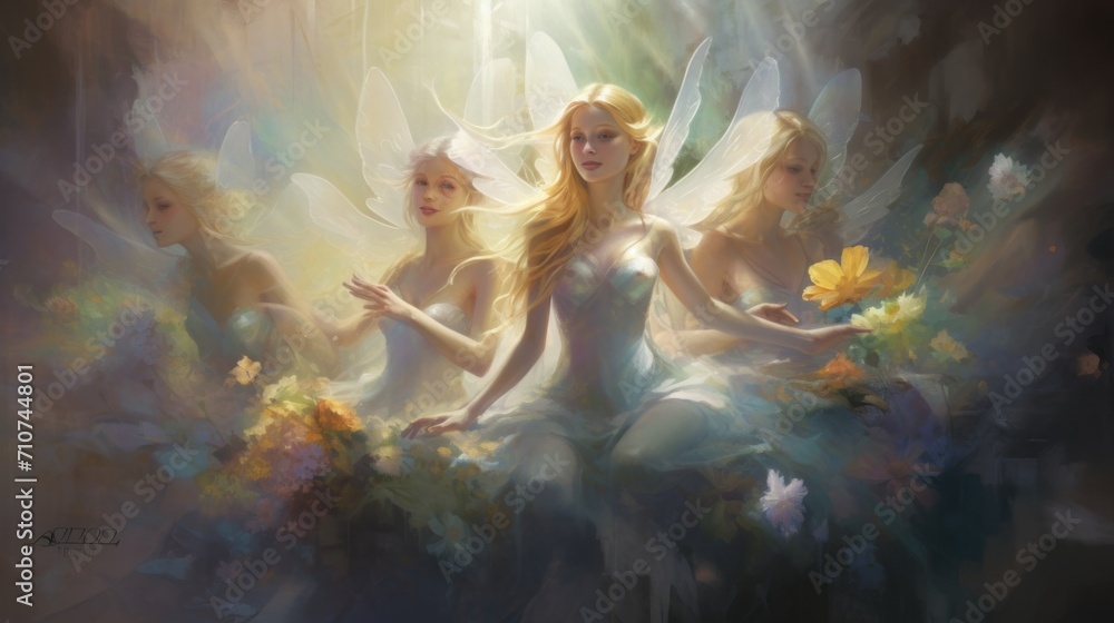 a painting of a woman surrounded by three other women with flowers in front of her and a light shining in the background. a painting of a woman surrounded by three other women with flowers in front of her and a light shining in the background.