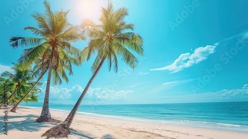 Coconut palm trees along the beach with blue sky background. Vacation in a tropical paradise. Space for text.