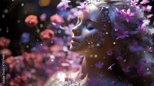  a woman with flowers all over her face and body is surrounded by petals of pink flowers and petals in the air.