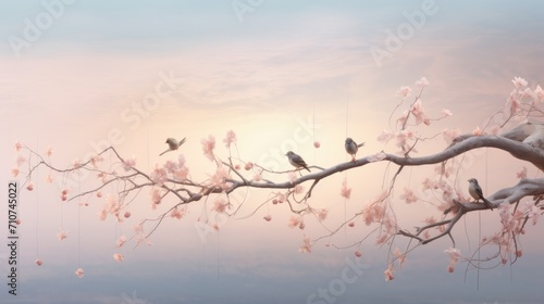  a group of birds sitting on a branch of a cherry blossom tree with the sun shining through the clouds in the background.