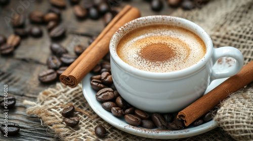 Invigorating Cup of Cappuccino with Cinnamon and Coffee Beans