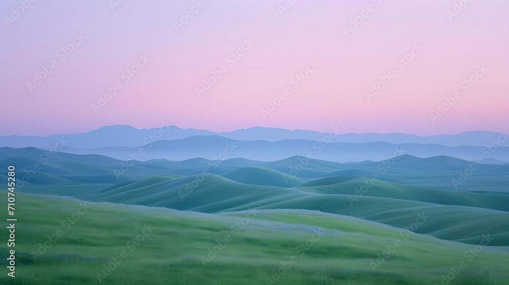 A photo of rolling hills, with a background of gradient skies in neon green and pastel purple, during an otherworldly dusk, aligning with the Psychic Waves concept of surreal curves 