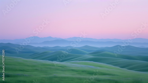 A photo of rolling hills, with a background of gradient skies in neon green and pastel purple, during an otherworldly dusk, aligning with the Psychic Waves concept of surreal curves 