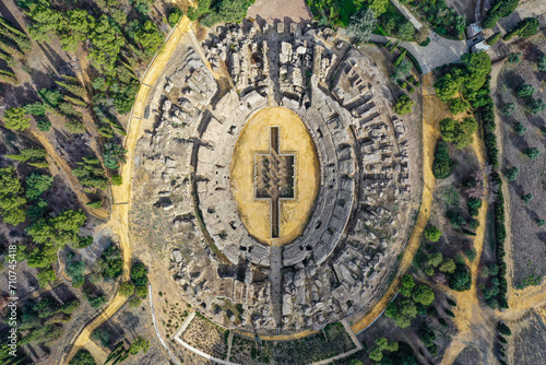 Aerial view of an archaeological site called Conjunto Arqueologico de Italica, an old Roman city in Santiponce, Sevilla, Andalusia, Spain. photo