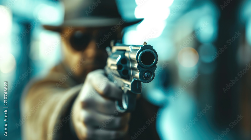 Man Aiming a Gun with Focus on the Barrel Man Aiming a Gun with Focus on the Barrel