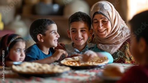 A happy Middle Eastern family enjoys a festive Ramadan dinner  gathering around the dining table for moments of togetherness.
