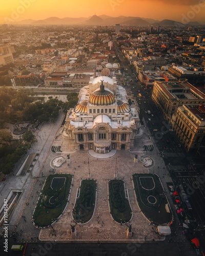 Aerial view of Palacio de Bellas Artes, a fine art museum in Mexico City at sunset, Mexico. photo