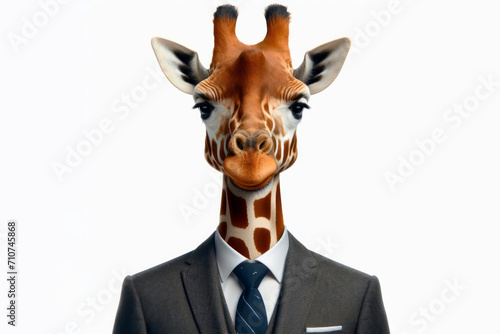 Portrait of a giraffe wearing a businessman suit and tie isolated on solid white background. ai generative © Igor