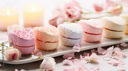  a row of small cakes sitting on top of a white plate next to a bunch of pink and white flowers.