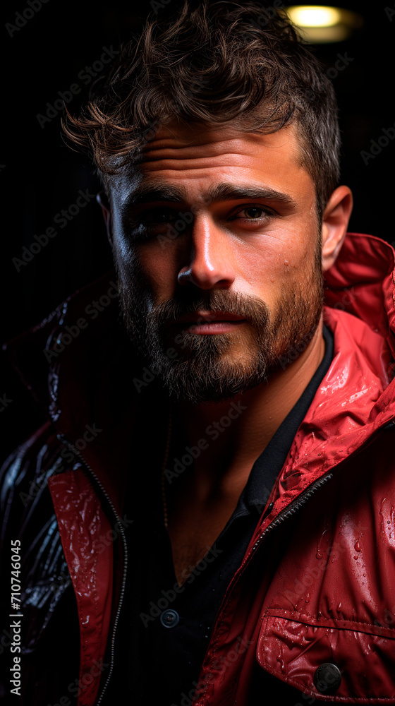 Portrait of a handsome man in a red jacket on a black background