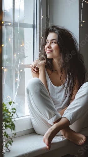 Happy serene young woman sitting on windowsill relaxing at home looking through window
